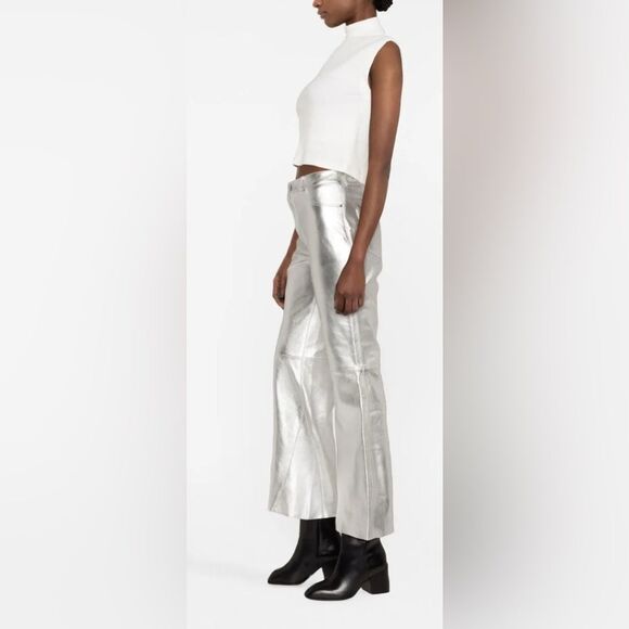 Maje Plutom Metallic-Sheen Flared Leather Trousers size 38 NWOT - Picture 1 of 9